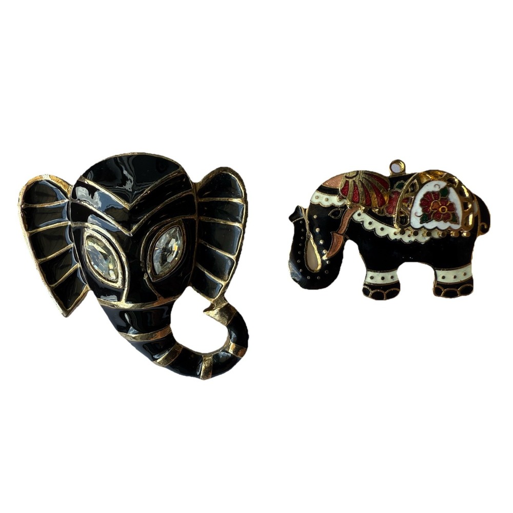 Vintage‎ Enamel Tusk Up Elephant Pin Brooch Necklace Slider lot of 2 (JB)